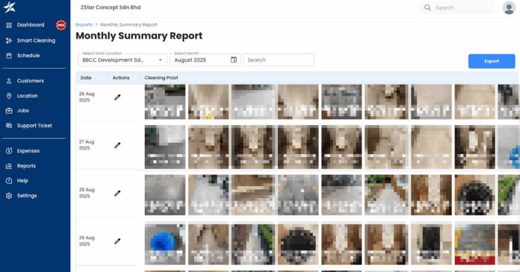 Automated monthly cleaning operations report generated by iTask for Z Star
